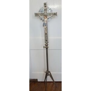 Rare Jeweled Crucifix Wood Cross Jewels Metal Stand 1920 Antique Light